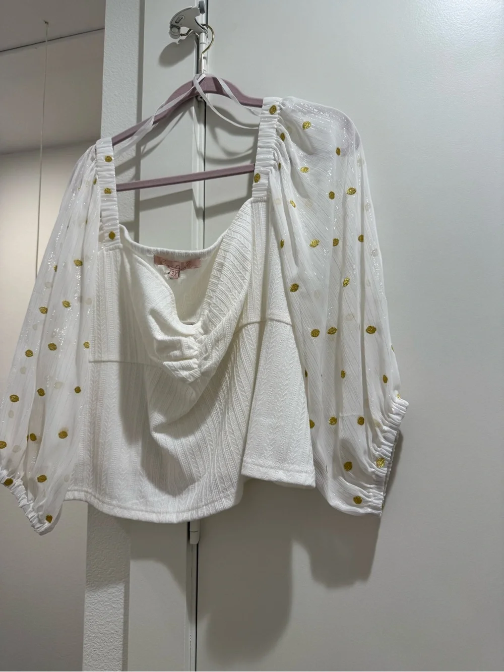 Hutch White Crop Top with Sheer Gold Dot Puff Sleeves - Picture 1 of 6